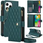 Per iPhone 16 Pro YM016 Custodia per telefono in pelle con cerniera rombica e cordino (verde)