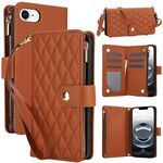 Per iPhone 16e YM016 Custodia per telefono in pelle con cerniera rombica e cordino (marrone)