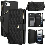 Per iPhone 16e YM016 Custodia per telefono in pelle con cerniera rombica e cordino (nero)