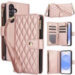 Per Samsung Galaxy S25 / S24 5G YM016 Custodia per telefono in pelle con cerniera rombica e cordino (oro rosa)
