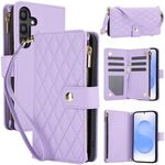 Per Samsung Galaxy S25 / S24 5G YM016 Custodia per telefono in pelle con cerniera rombica e cordino (viola chiaro)