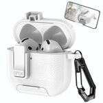 Per AirPods 4 Custodia per auricolari wireless in pelle con gancio e supporto (bianco)