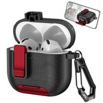 Per AirPods 4 Custodia per auricolari wireless in pelle con gancio e supporto (nero rosso)