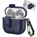 Per AirPods 4 Custodia per auricolari wireless in pelle con gancio e supporto (blu scuro)