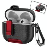 Per AirPods 3 Custodia per auricolari wireless in pelle con gancio e supporto (nero rosso)