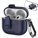 Per AirPods 3 Custodia per auricolari wireless in pelle con gancio e supporto (blu scuro)
