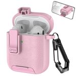 Per AirPods 1/2 Custodia per auricolari wireless in pelle con gancio e supporto (rosa)