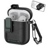 Per AirPods 1/2 Custodia per auricolari wireless in pelle con gancio e supporto (nero verde militare)
