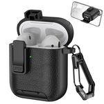 Per AirPods 1/2 Custodia per auricolari wireless in pelle con gancio e supporto (nero)