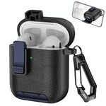 Per AirPods 1/2 Custodia per auricolari wireless in pelle con gancio e supporto (nero blu scuro)