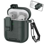 Per AirPods 1/2 Custodia per auricolari wireless in pelle con gancio e supporto (verde militare)