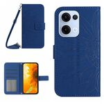 Custodia a libro in pelle con stampa a fiore di sole per OPPO Reno13 con cordino (blu scuro)