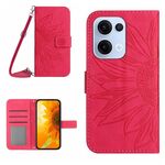 Per OPPO Reno13 Custodia in pelle con stampa a fiore di sole e cordino (rosso rosa)