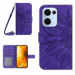 Per OPPO Reno13 Custodia in pelle con stampa a fiore di sole e cordino con chiusura a scatto (viola scuro)