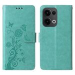 Custodia in pelle con motivo a farfalla e fiori in rilievo per OPPO Reno13 Global (verde)