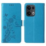 Custodia in pelle con motivo a farfalla e fiori in rilievo per OPPO Reno13 Pro (blu)
