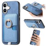 Custodia per iPhone 16 con inserto laterale in pelle con anello a croce retrò e tasca porta carte MagSafe (blu)