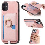 Custodia per iPhone 13 con inserto laterale in pelle con anello a croce retrò e tasca porta carte MagSafe (rosa)