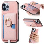 Custodia per iPhone 12 Pro Max con inserto laterale in pelle a croce retrò, con anello e tasca porta carte MagSafe (rosa)