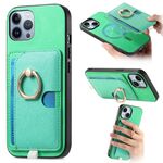 Custodia per iPhone 12 Pro Max con inserto laterale in pelle con anello a croce retrò e tasca porta carte MagSafe (verde)