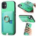 Custodia per iPhone 11 con inserto laterale in pelle con anello a croce retrò e tasca porta carte MagSafe (verde)