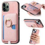 Custodia per iPhone 11 Pro con inserto laterale in pelle a croce retrò e anello, con tasca porta carte MagSafe (rosa)
