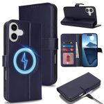 Per iPhone 16 Plus Custodia per telefono MagSafe in vera pelle con portafoglio per carte (blu scuro)