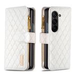 Per Samsung Galaxy Z Fold5 Diamond Lattice Zipper Wallet Custodia in pelle per telefono a conchiglia (bianca)