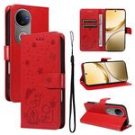 Custodia a libro in pelle con stampa gatto e ape per vivo V50 5G (rossa)