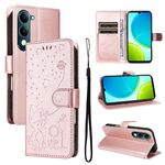 Custodia in pelle con stampa gatto e ape per vivo Y29S 5G / Y04 (oro rosa)