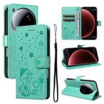 Per Xiaomi 15 Ultra 5G Custodia per telefono in pelle con stampa a forma di gatto e ape (verde)