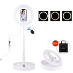PULUZ 10,2 pollici 26 cm USB 3 modalità Dimmerabile Doppia temperatura colore LED Anello curvo Vlogging Fotografia selfie Luci video con otturatore remoto Bluetooth e supporto da tavolo pieghevole e morsetto per telefono (bianco)