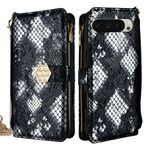Per Google Pixel 9 Custodia per telefono in pelle con texture a serpente e manico a tracolla (nero)