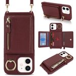 Per iPhone 11 Portafoglio a tracolla con cerniera e anello, custodia per telefono in pelle Litchi (vino rosso)