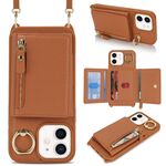 Per iPhone 11 Portafoglio con cerniera a tracolla e anello, custodia per telefono in pelle Litchi (marrone)