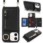 Per iPhone 11 Portafoglio con cerniera a tracolla e anello Custodia per telefono in pelle Litchi (nero)