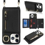 Per iPhone 11 Pro Max Portafoglio a tracolla con cerniera e anello in pelle Litchi (nero)