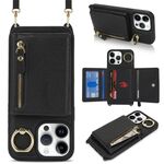 Per iPhone 12 / 12 Pro Portafoglio con cerniera a tracolla Anello Custodia per telefono in pelle Litchi (nero)