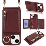 Per iPhone 13 mini Portafoglio con cerniera a tracolla Anello Portacellulare in pelle Litchi (Vino rosso)