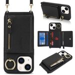 Per iPhone 13 mini Portafoglio con cerniera a tracolla Anello Portacellulare in pelle Litchi (Nero)