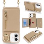 Per iPhone 16 Plus Portafoglio con cerniera a tracolla Anello Portacellulare in pelle Litchi (oro rosa)