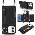 Per iPhone 16 Plus Portafoglio con cerniera a tracolla Anello Portacellulare in pelle Litchi (Nero)