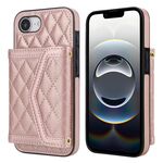Per iPhone 16e Custodia per telefono con trama rombica e cordino lungo (oro rosa)