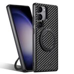 Per Samsung Galaxy S23 5G Suteni G3 Custodia per telefono con supporto in pelle e fibra di carbonio con rotazione a 360° MagSafe (nero)