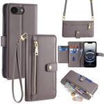 Per iPhone 16e Custodia per telefono in pelle con cerniera a tracolla con texture di pecora (grigio)