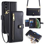 Per iPhone XS Max Custodia per telefono in pelle con cerniera e tracolla con texture di pecora (nero)