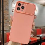 Per iPhone 12 Pro Max Custodia per telefono in silicone liquido TPU con protezione per fotocamera scorrevole (rosa arancione)
