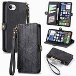 Per iPhone 16e Custodia per telefono in pelle con fibbia laterale con cerniera geometrica (nero)