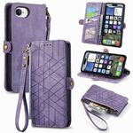 Per iPhone 16e Custodia per telefono in pelle con fibbia laterale con cerniera geometrica (viola)