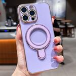 Per iPhone 12 Pro Max Custodia per telefono con supporto in metallo elettroplaccato tinta unita (viola chiaro)